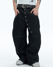 Asymmetric Button Curved-Leg Jeans worn on model, image 02