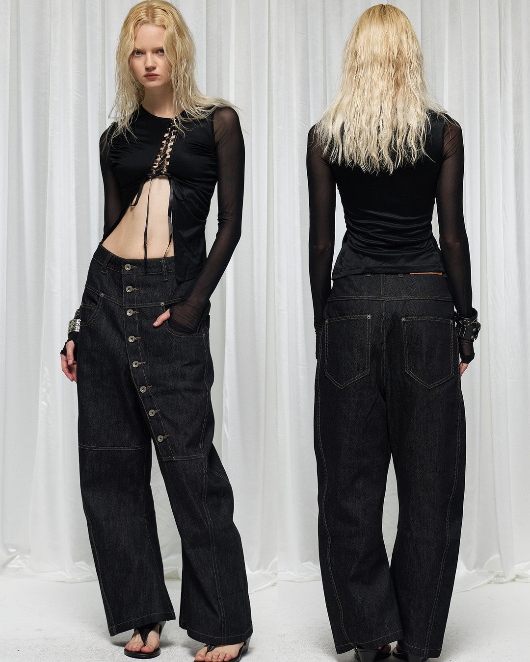 Asymmetric Button Curved-Leg Jeans worn on model, image 03