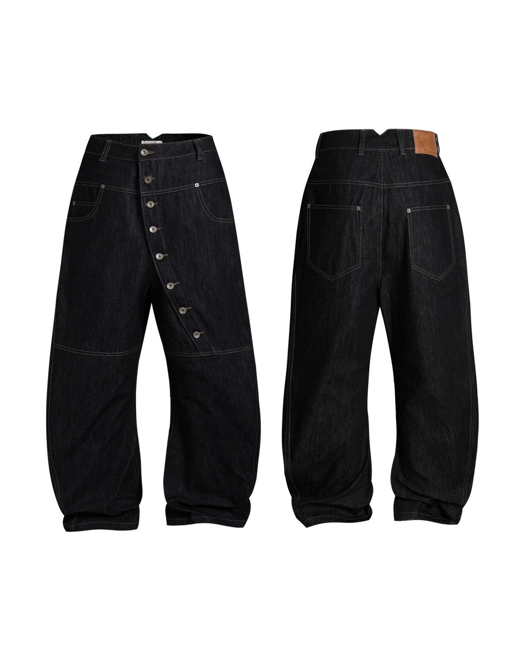 Asymmetric Button Curved-Leg Jeans, Black view on white background