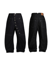 Asymmetric Button Curved-Leg Jeans, Black view on white background