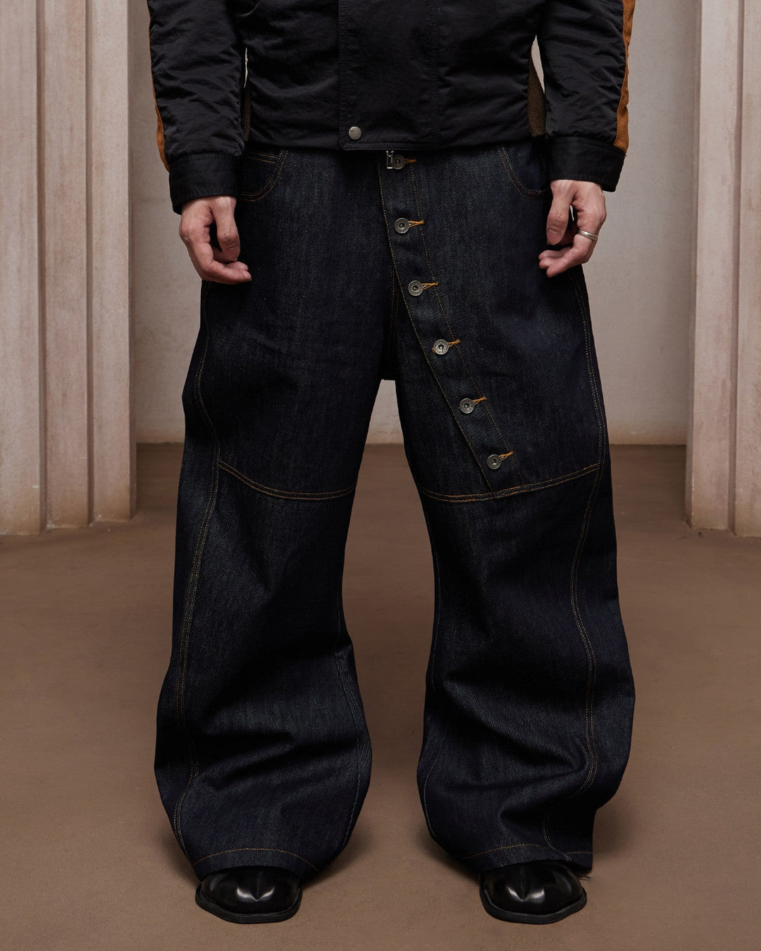 Asymmetric Button Curved-Leg Jeans, Blue view on white background