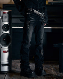 Studded Distressed Flared Jeans worn on model, image 01