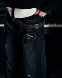 Studded Distressed Flared Jeans worn on model, image 02