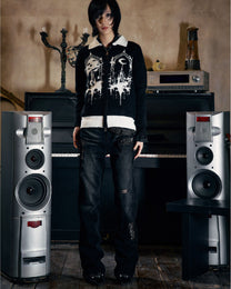 Studded Distressed Flared Jeans worn on model, image 03