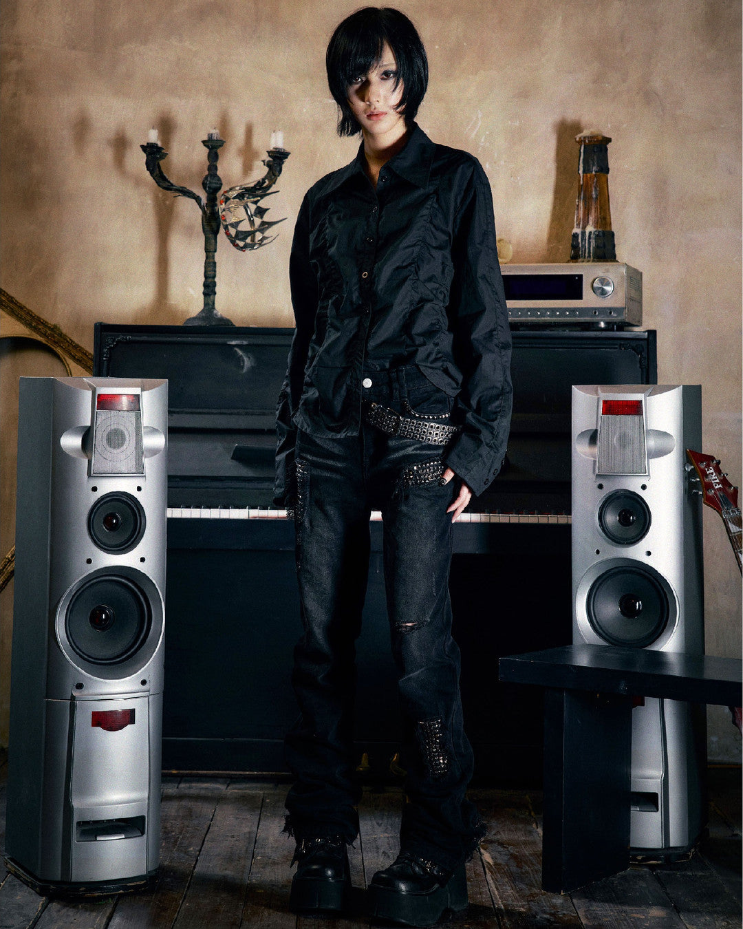 Studded Distressed Flared Jeans worn on model, image 04