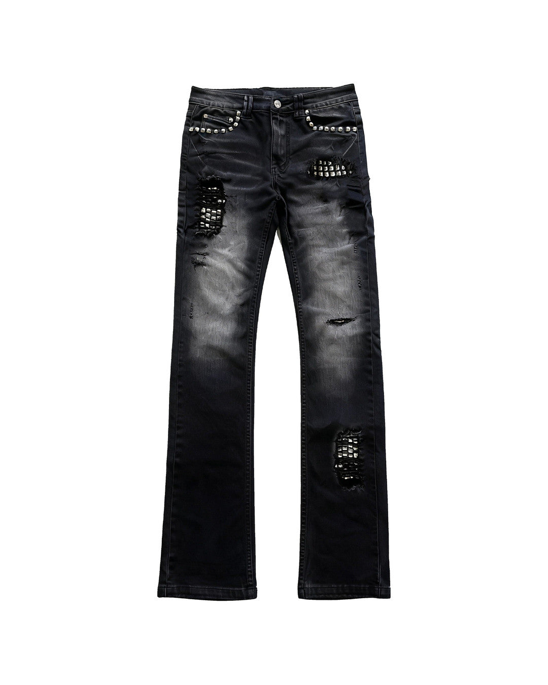 Studded Distressed Flared Jeans, Black view on white background