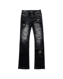 Studded Distressed Flared Jeans, Black view on white background
