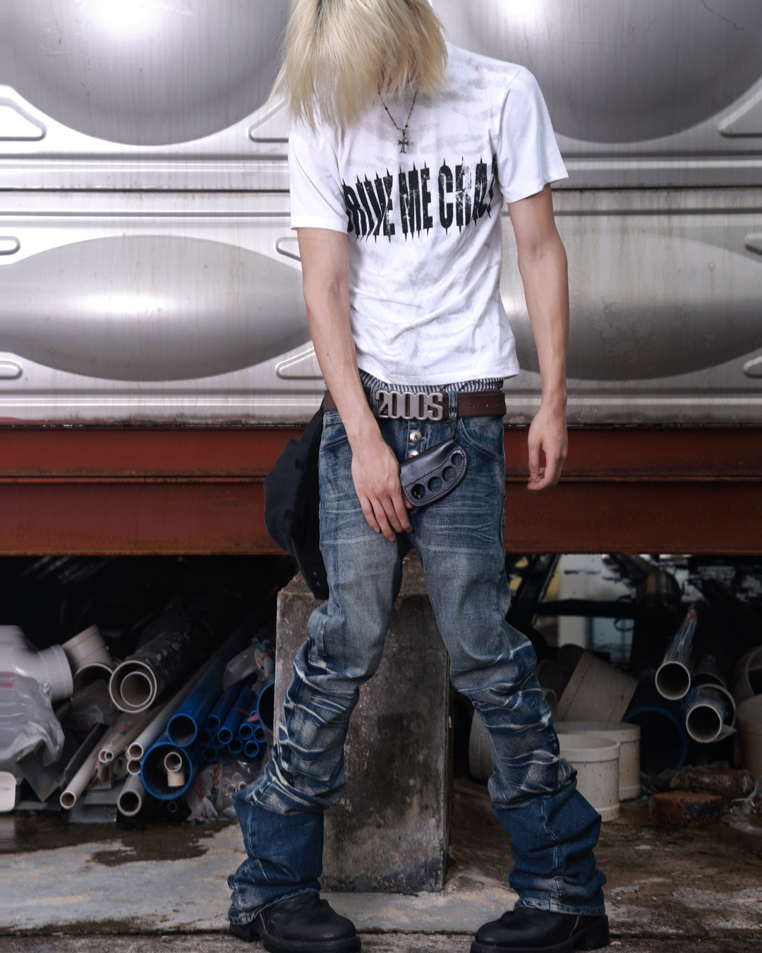 Cracked Wash Curved-Leg Jeans worn on model, image 01