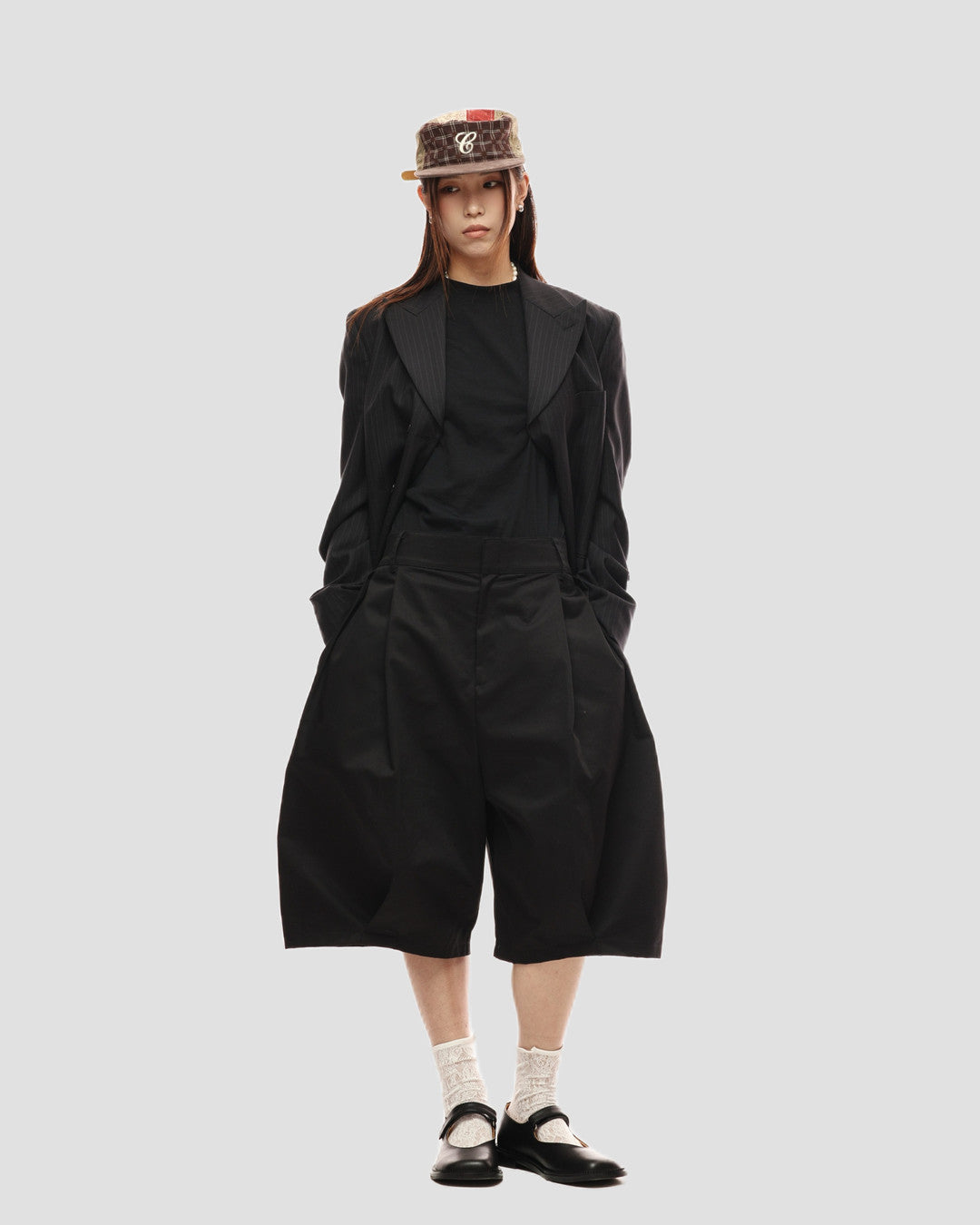 Coated Double-Pleat Wide Shorts worn on model, image 03
