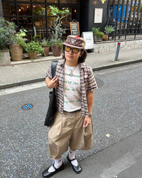 Coated Pleated Wide Shorts worn on model, image 03