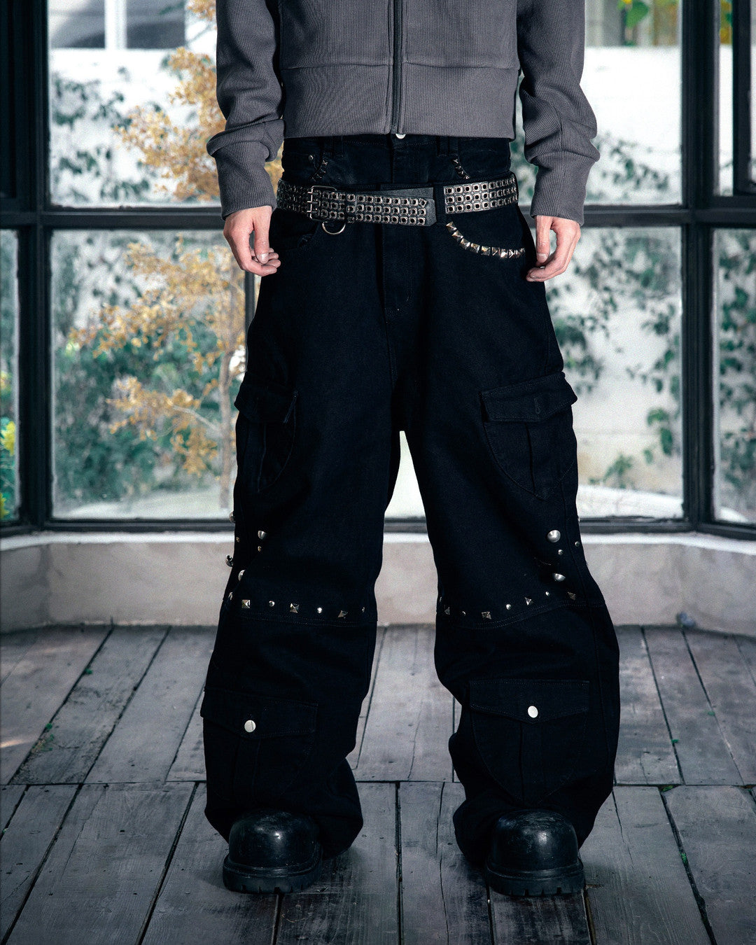 Studded Multi-Pocket Cargo Pants worn on model, image 01