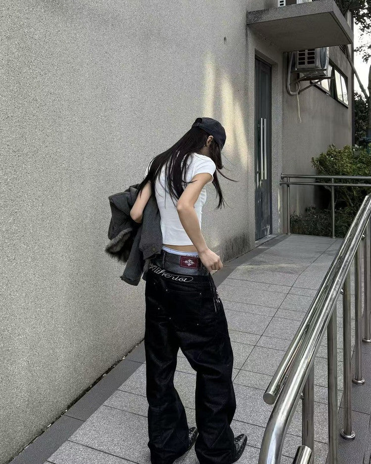 Metallic Double-Waist Baggy Jeans worn on model, image 02