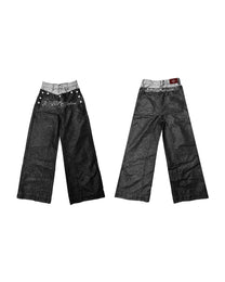 Metallic Double-Waist Baggy Jeans, Black view on white background