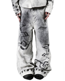 Music Note Mud-Wash Wide-Leg Pants worn on model, image 04