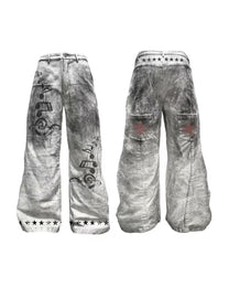 Music Note Mud-Wash Wide-Leg Pants, White view on white background