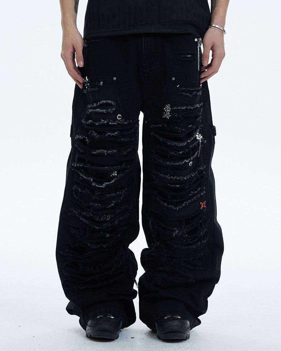 Gem-Studded Distressed Baggy Jeans worn on model, image 01