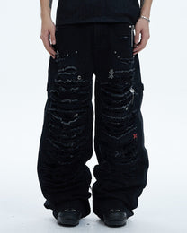 Gem-Studded Distressed Baggy Jeans worn on model, image 01