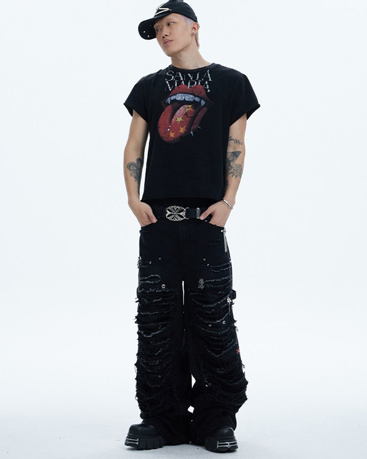 Gem-Studded Distressed Baggy Jeans worn on model, image 03