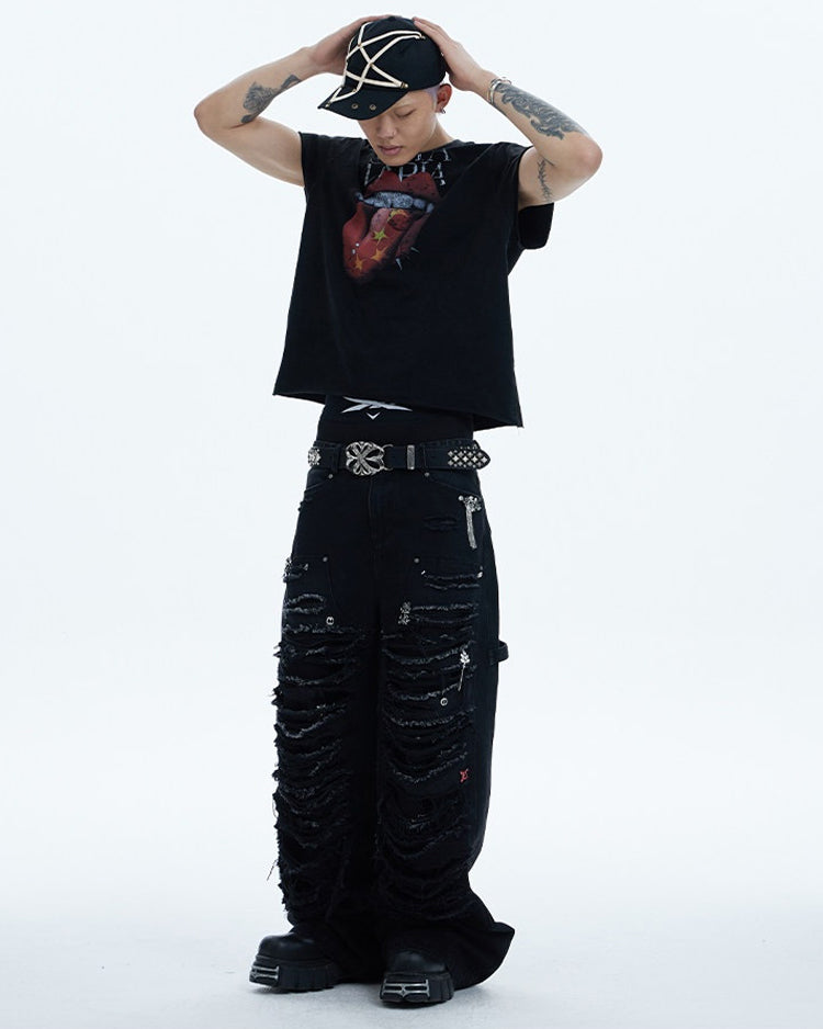 Gem-Studded Distressed Baggy Jeans worn on model, image 04
