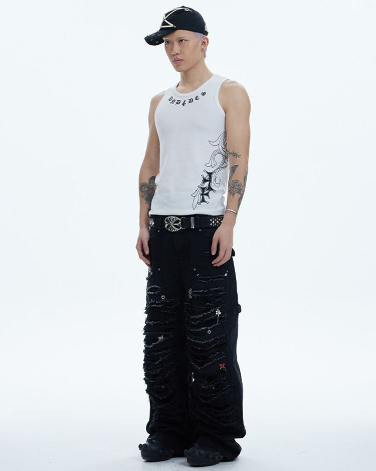 Gem-Studded Distressed Baggy Jeans worn on model, image 05