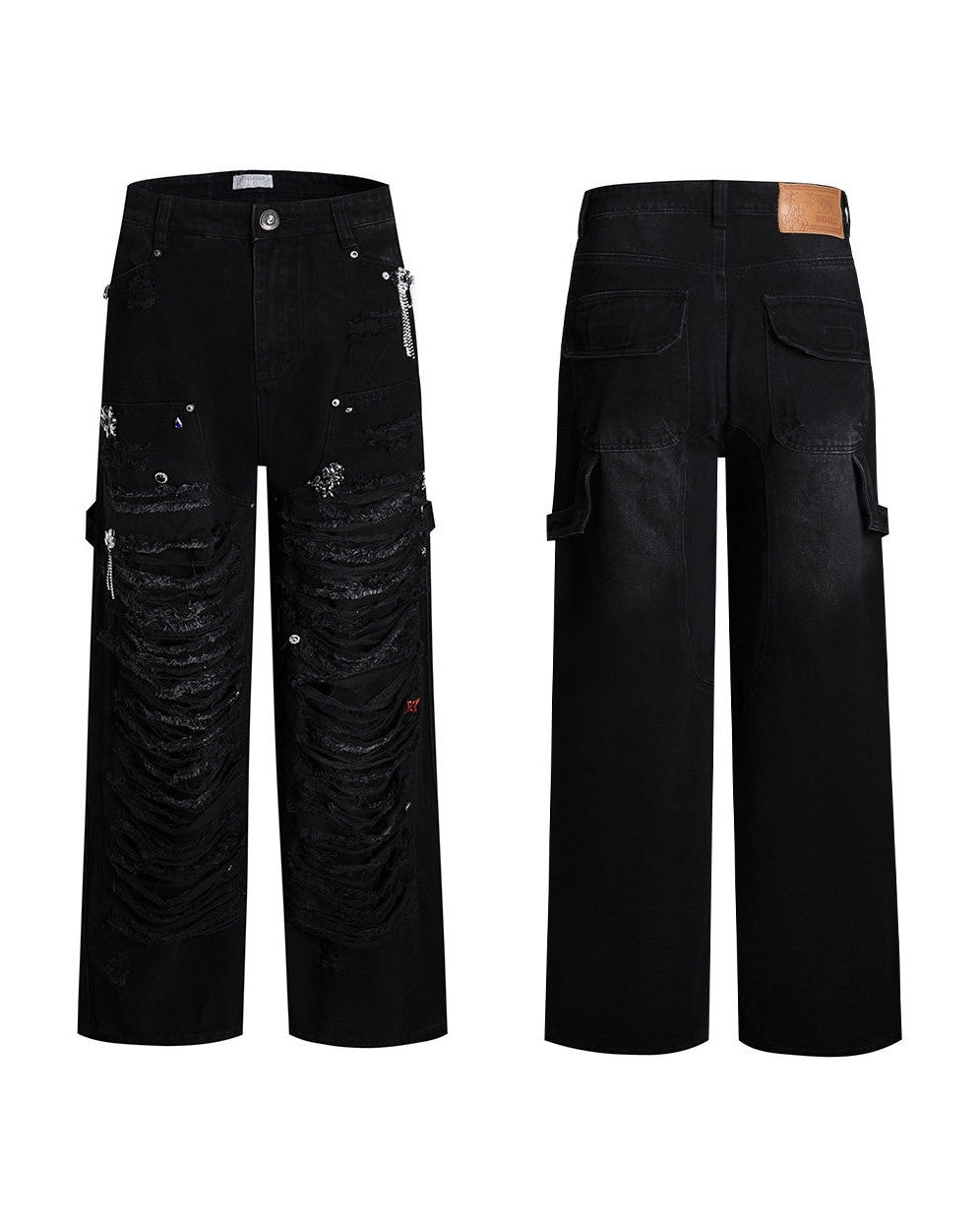 Gem-Studded Distressed Baggy Jeans, Black view on white background