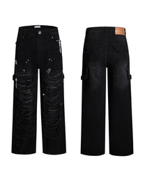 Gem-Studded Distressed Baggy Jeans, Black view on white background