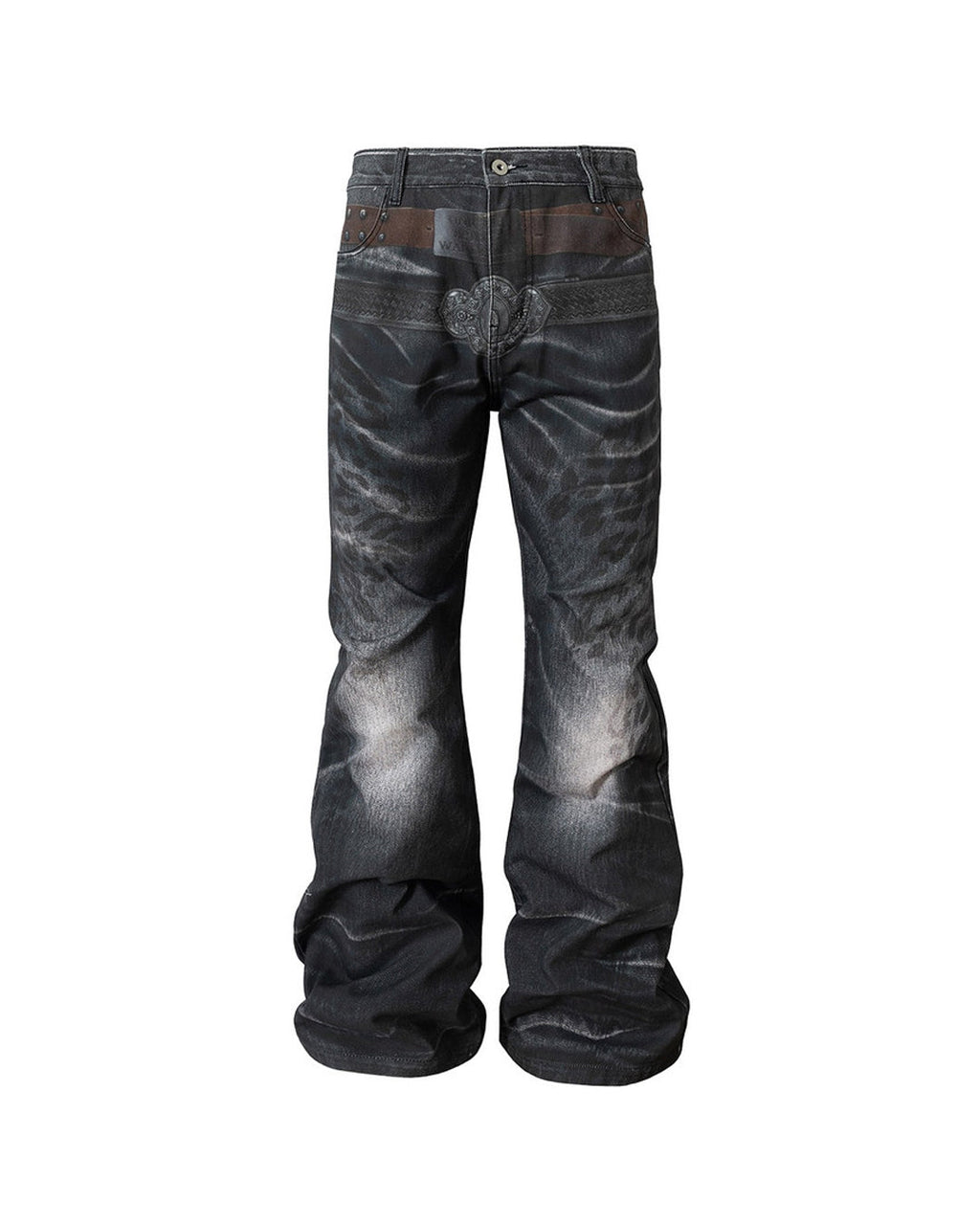 Trompe-l'Oeil Leopard Flared Jeans, Wash Black view on white background