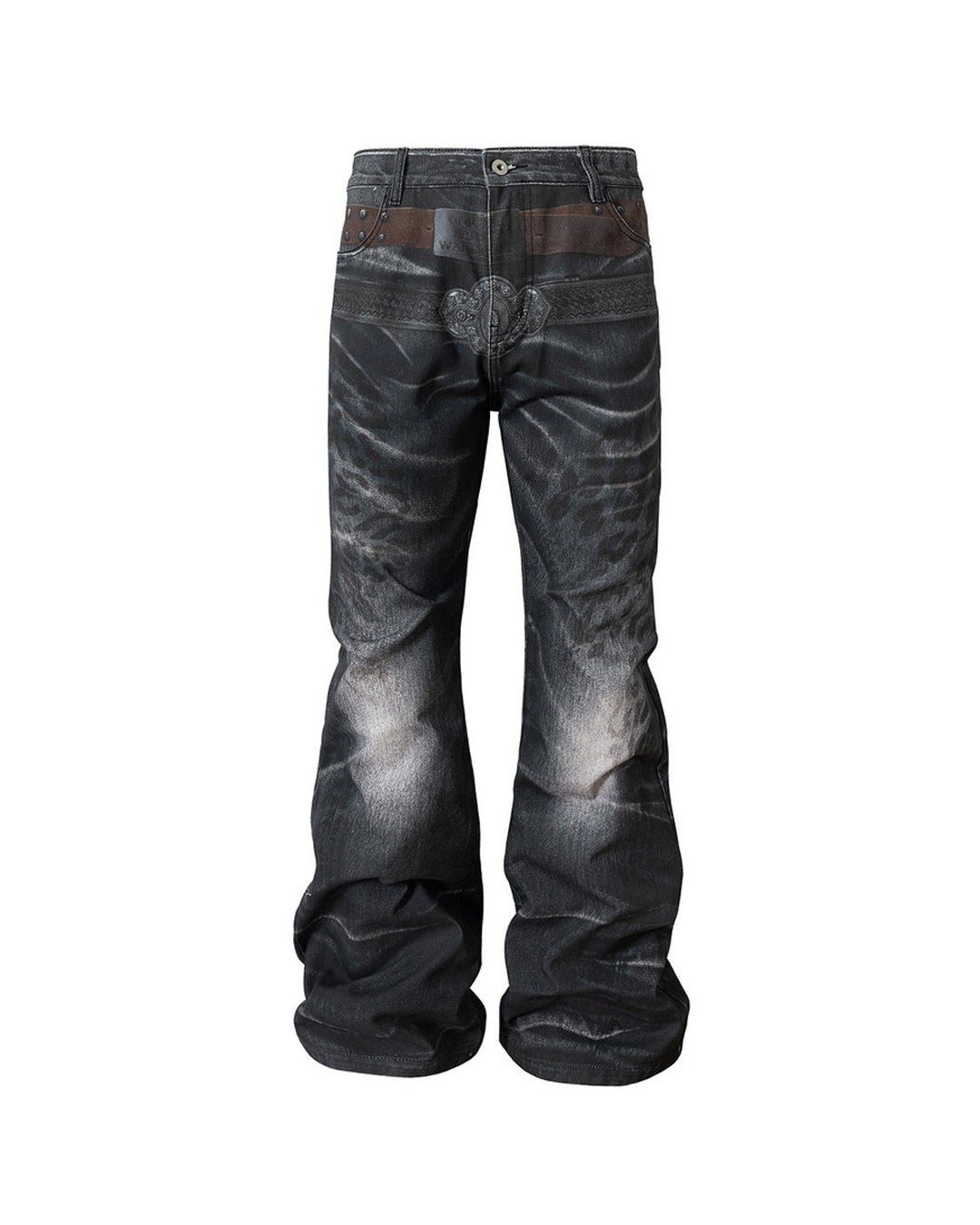 Trompe-l'Oeil Leopard Flared Jeans, Wash Black view on white background