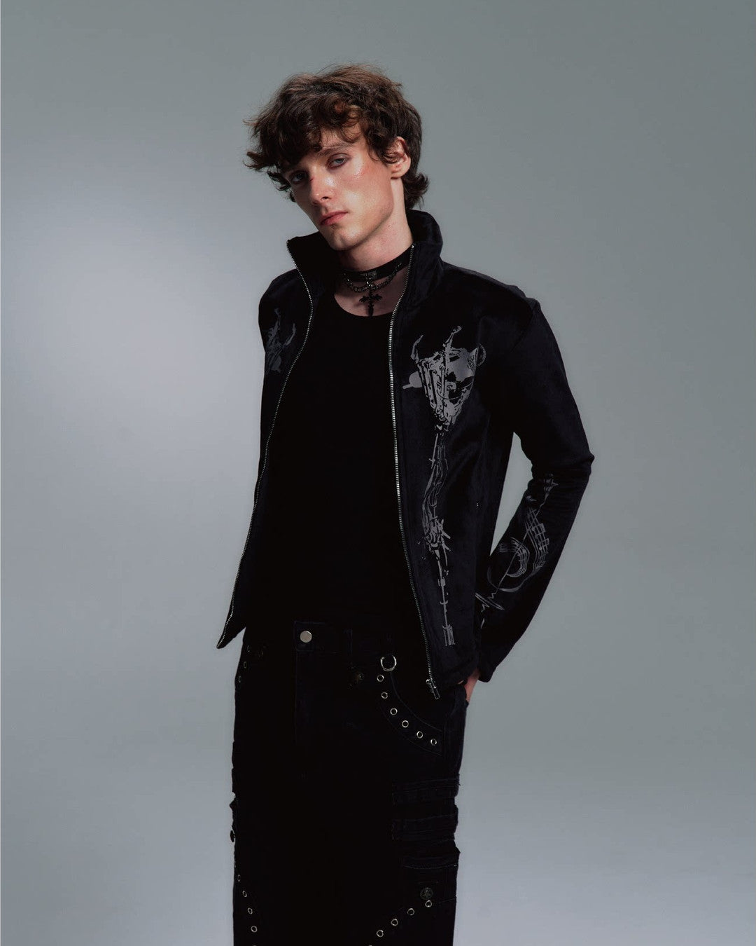 PAIKI | Skeleton Singer Flared-Cuff Zip Jacket styled product image 02