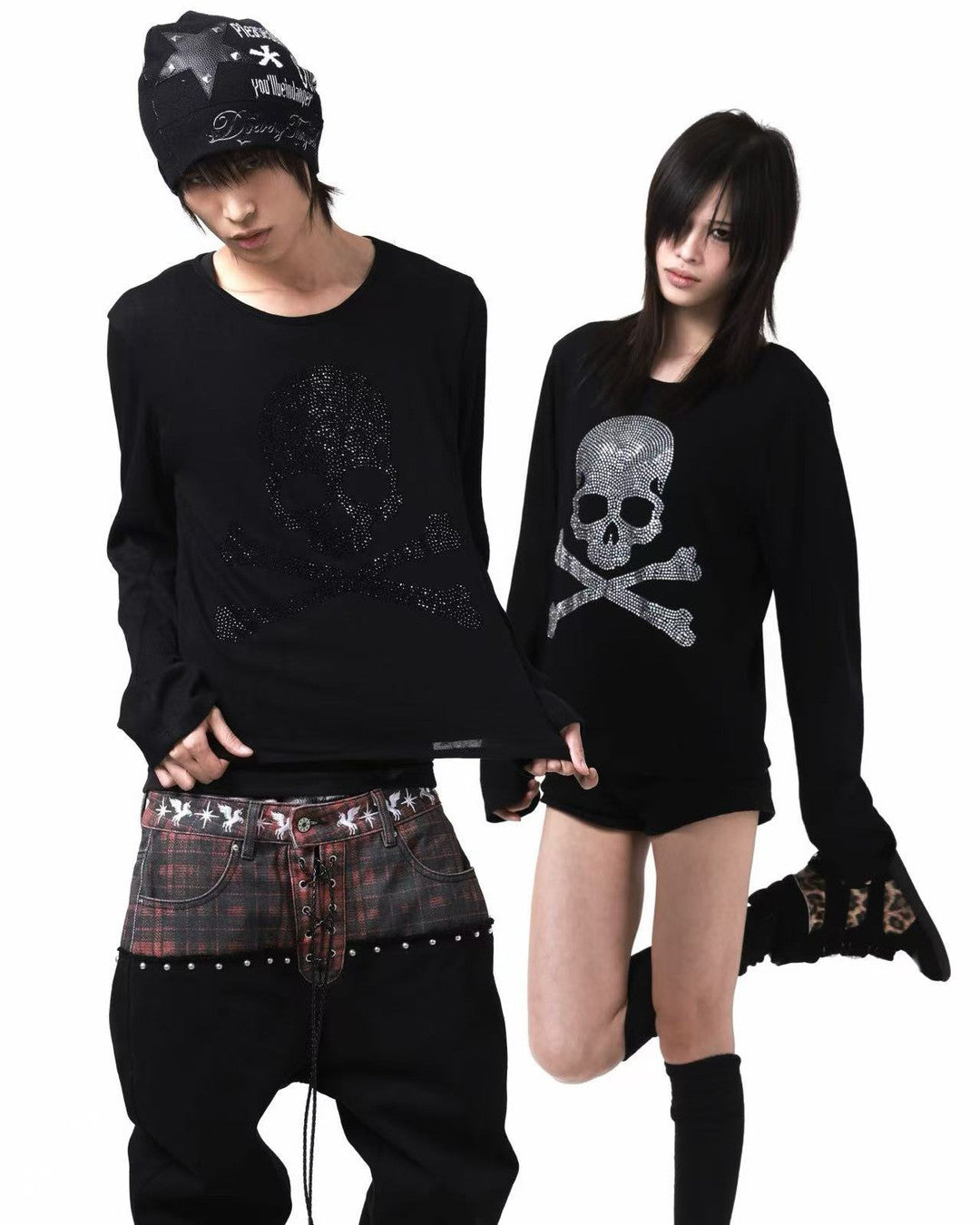 Rhinestone Skull Long-Sleeve T-Shirt worn on model, image 02
