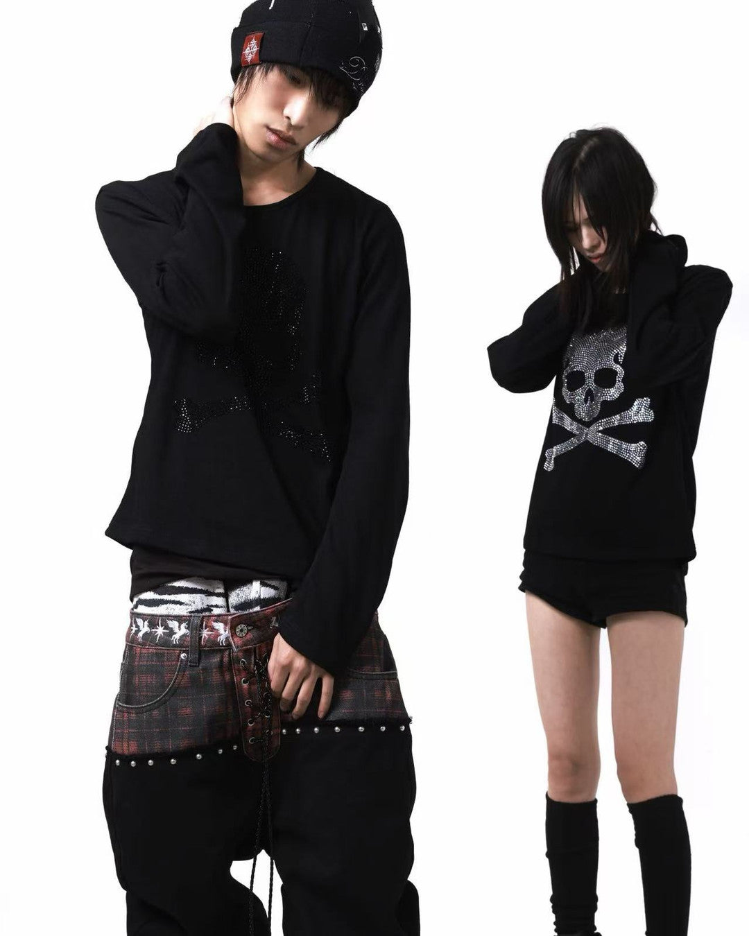 Rhinestone Skull Long-Sleeve T-Shirt worn on model, image 03