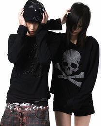 Rhinestone Skull Long-Sleeve T-Shirt worn on model, image 04