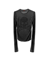 Rhinestone Skull Long-Sleeve T-Shirt, Black Rhinestones product view on white background