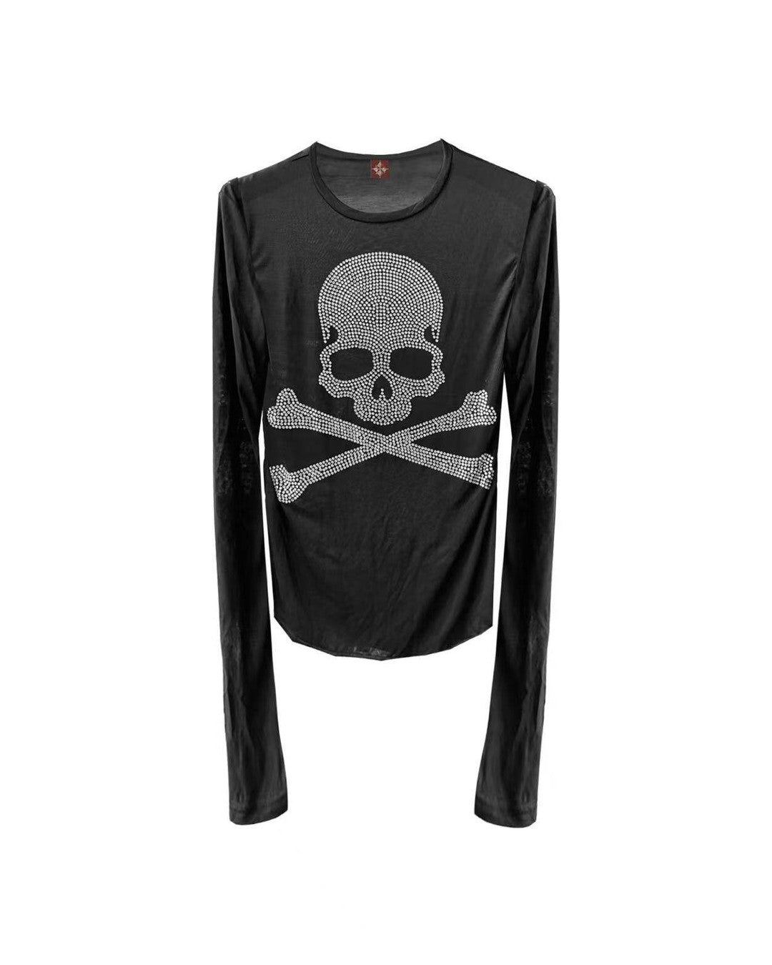 Rhinestone Skull Long-Sleeve T-Shirt, Silver Rhinestones product view on white background