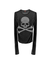 Rhinestone Skull Long-Sleeve T-Shirt, Silver Rhinestones product view on white background