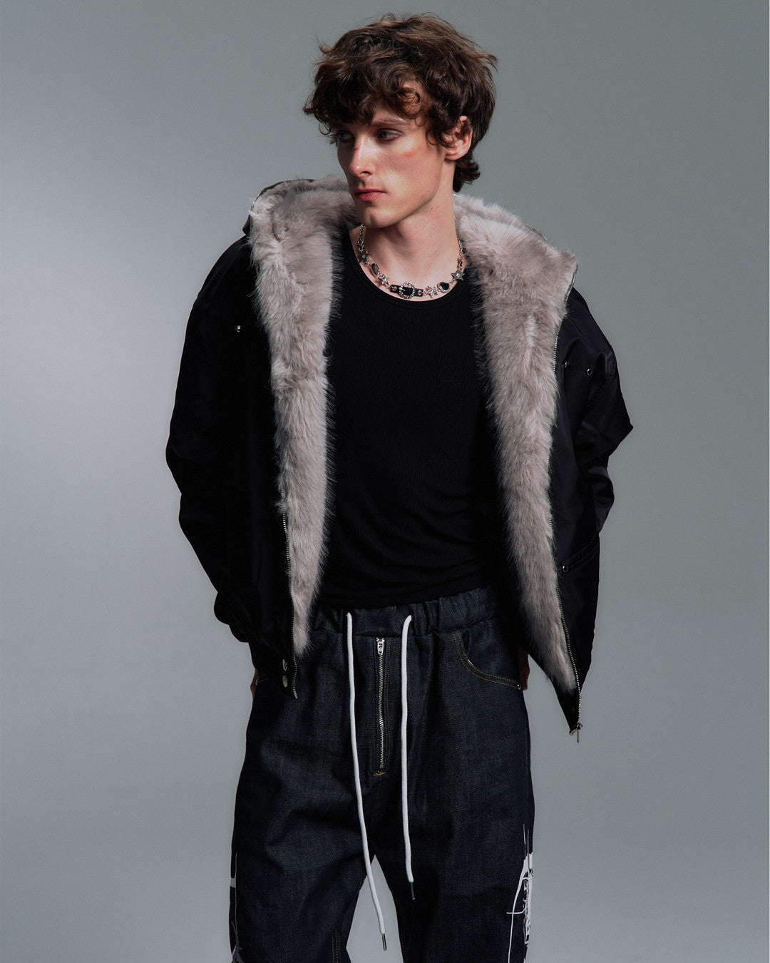 Plush-Trim Cropped Aviator Jacket worn on model, image 01