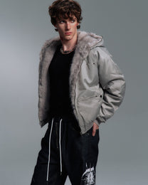Plush-Trim Cropped Aviator Jacket worn on model, image 04