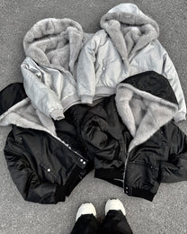 Plush-Trim Cropped Aviator Jacket worn on model, image 08