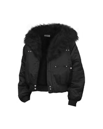 Plush-Trim Cropped Aviator Jacket, Black product view on white background
