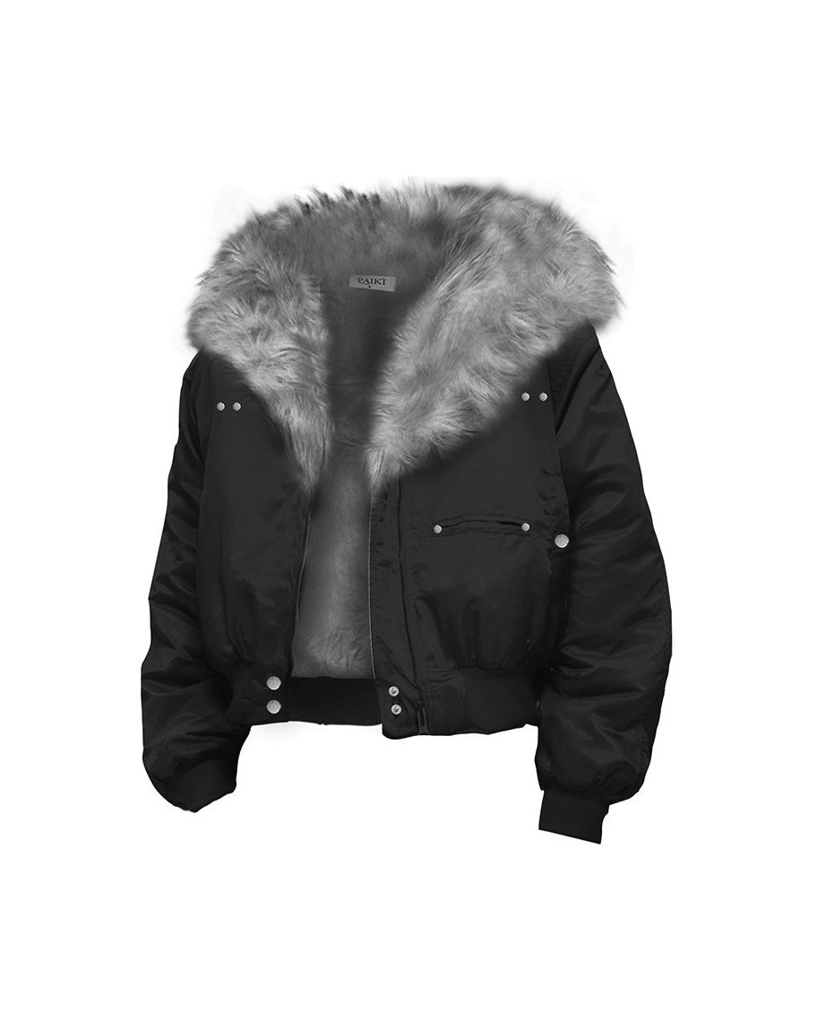 Plush-Trim Cropped Aviator Jacket, Grey product view on white background