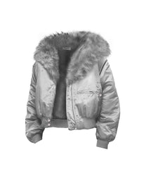 Plush-Trim Cropped Aviator Jacket, Silver product view on white background