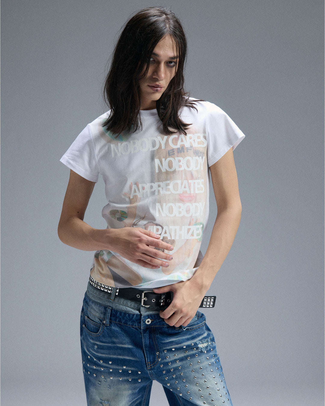 Disc Portrait Slogan T-Shirt worn on model, image 02