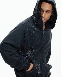 Rhinestone Distressed Zip-Up Hoodie worn on model, image 01