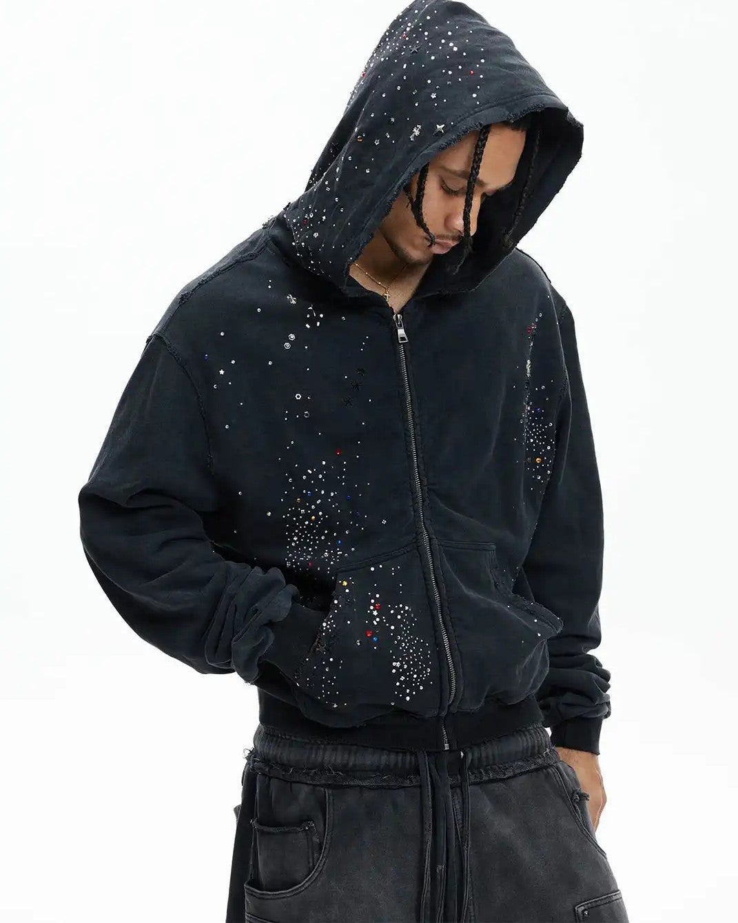 Rhinestone Distressed Zip-Up Hoodie worn on model, image 02