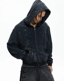 Rhinestone Distressed Zip-Up Hoodie worn on model, image 02