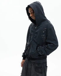 Rhinestone Distressed Zip-Up Hoodie worn on model, image 03