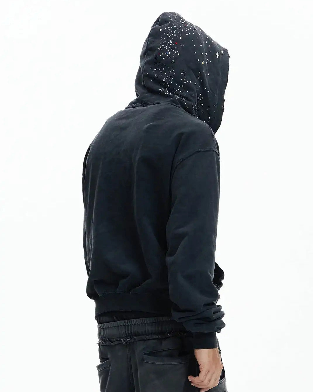 Rhinestone Distressed Zip-Up Hoodie worn on model, image 05