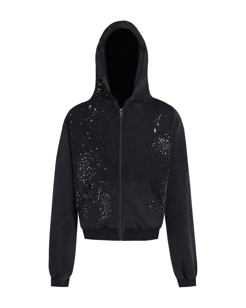 Rhinestone Distressed Zip-Up Hoodie, Black product view on white background