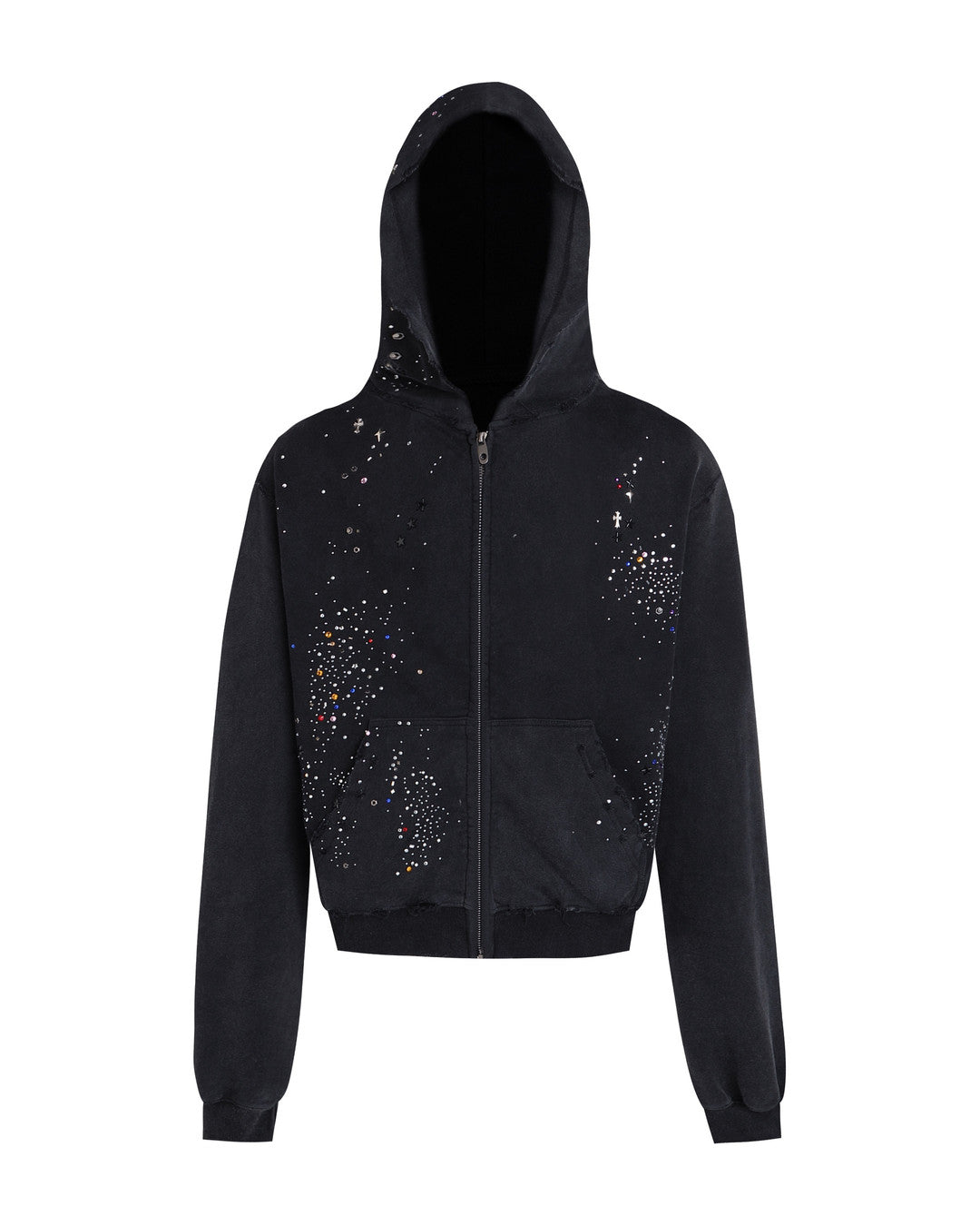Rhinestone Distressed Zip-Up Hoodie, Black product view on white background