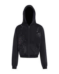 Rhinestone Distressed Zip-Up Hoodie, Black product view on white background